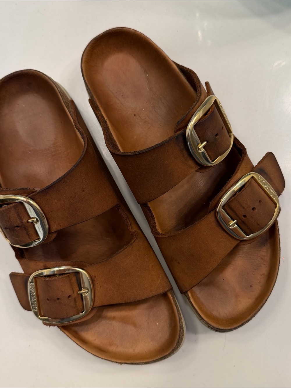 Birkenstock Brown Double-Buckle Leather Slide Sandals